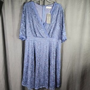 LECCECA Women's Blue Lace V Neck 3/4 Sleeve Midi Dress Plus Size 3XL